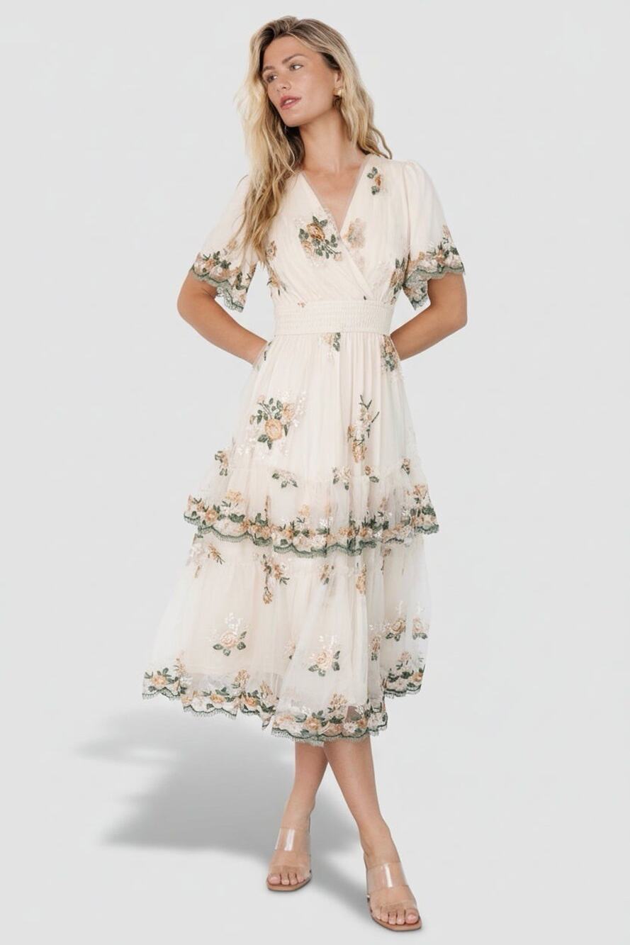 NWT Baltic Born Cynthia Midi Dress L Ivory Floral Embroidered Tulle